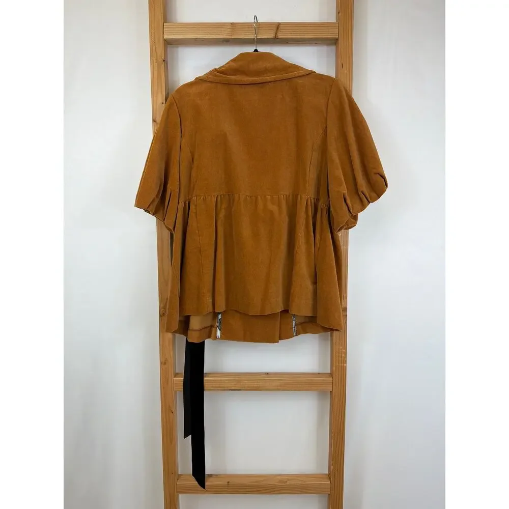 Ivy Jane Brown Cotton Button Up Side Tie Ruffled Sleeve Top Size XL Made in USA